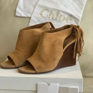 Chloe suede fringe-tie wedge pump